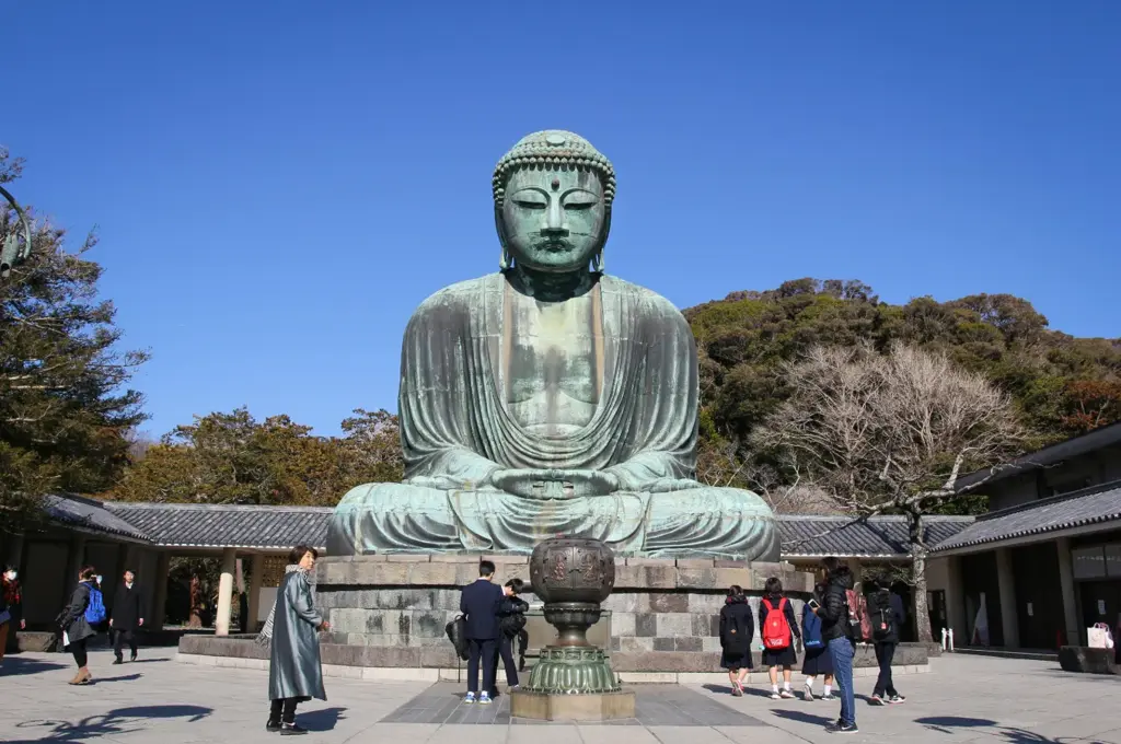 Great Buddha of Kamakura with visitors and blue sky