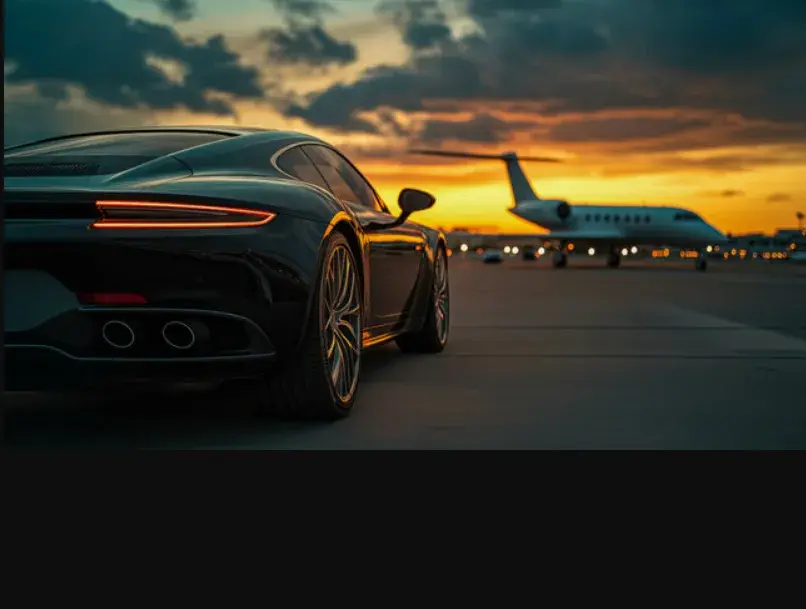 Luxury car with private jet at sunset airport